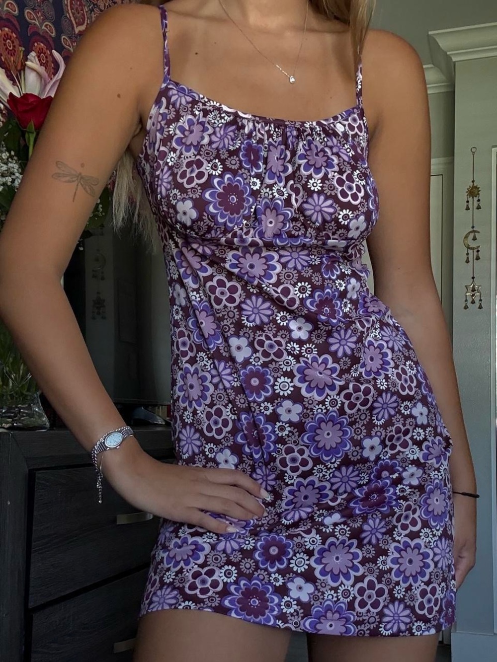 Vintage Purple Floral Mini Slip Dress